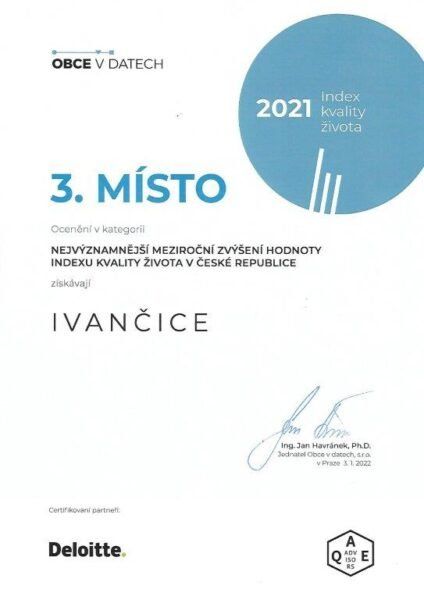 2021 Diplom - Index kvality života - Ivančice 3. místo
