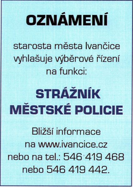 Výběrové řízení: Strážník Městské policie Ivančice